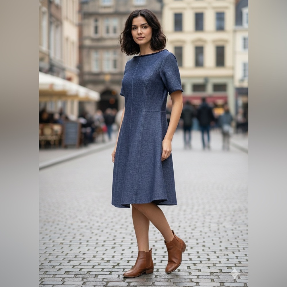 Banana Republic Navy Blue Textured Frayed Trim Fit & Flare Dress Sz 6